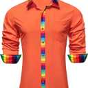 YOHOWA Mens Dress Shirts Business Button Down Long Sleeve Casual Collar Cuff Contrast Formal Shirts Wedding Party Casual Prom (Large, Orange Rainbow Stripe a)