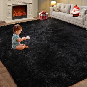 Luxury 6x9 Modern Indoor Home Living Room Area Rugs, Large Fluffy Shag Fuzzy Plush Soft Bedroom Area Rugs, Carpet for Kids Boys Girls Dorm Nursery Home Decor Aesthetic, Non-Skid, Black (6ft x 9ft (Rectangular))