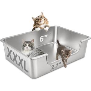XXXL Low Entry Litter Box for Big Senior Cats & Multiple Cats, 28” x 20” x 6” Extra Large Metal Litter Box, High Sided Stainless Steel Litter Pan with Odor Control, Easy to Clean