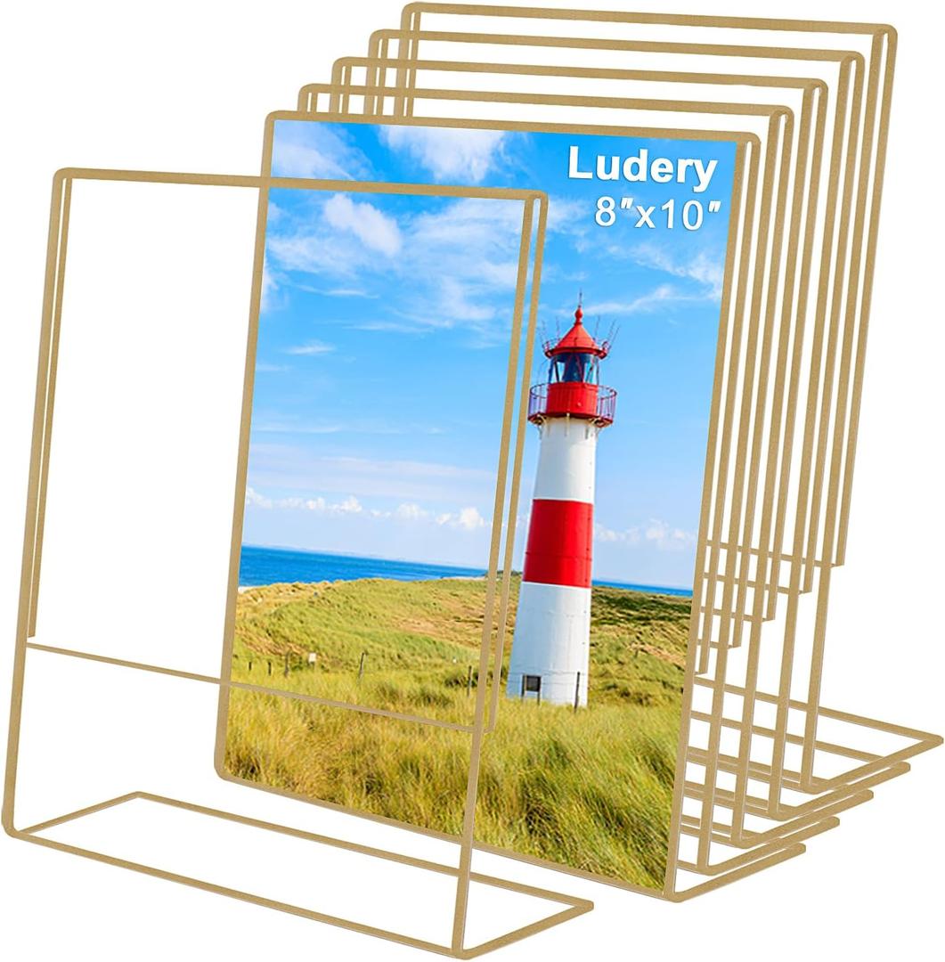8x10 Gold Picture Frames, Clear Frameless Picture Frames, 6 Pack Acrylic Self Standing Photo Frames for Wedding Table Numbers, Restaurant Signs, Photos and Art Display