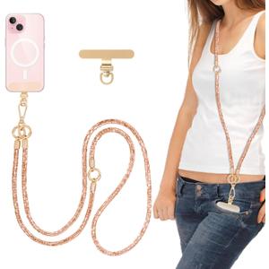 Crystal Phone Strap Crossbody Rhinestone Anti Theft Layered Strap Crossbody Gold Metal Buckles Cell Phone Neck for Women (Peach)