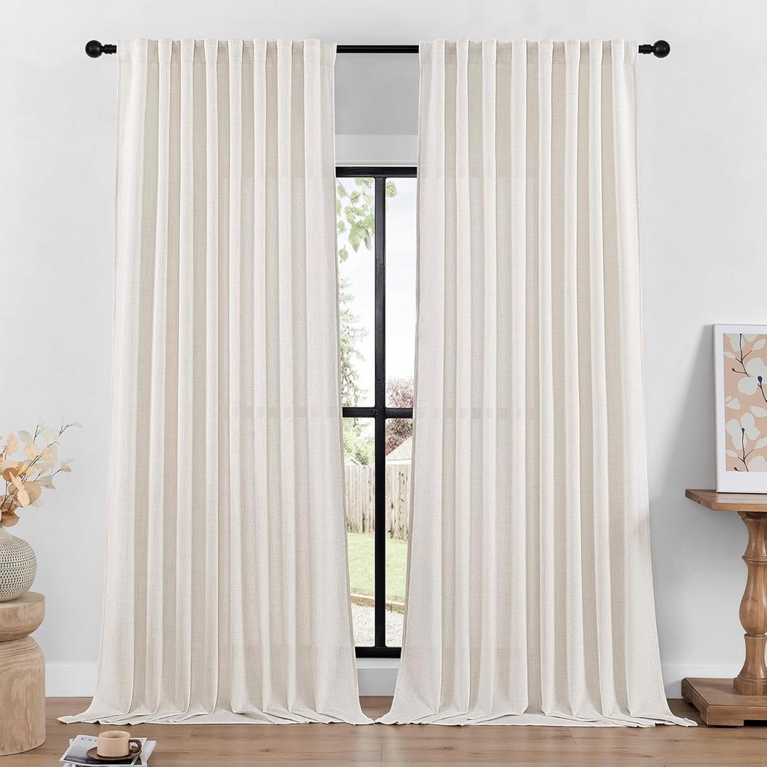 DaysU Linen Natural Curtains 102 Inches Long for Living Room 2 Panels Set Farmhouse Boho Privacy Light Filtering Semi Sheer Curtains for Bedroom Linen Rod Pocket Hook Belt 102 Inch