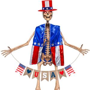 3 Pcs 12 ft Skeleton Accessories 4th of July Skeleton Hat, Vest, USA Banner Outfit Set Giant Sized Skeleton Costume Clothing for Patriotic Garden Lawn Outdoor Decor