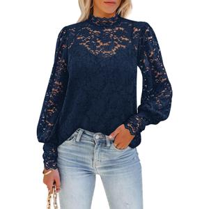 DOROSE Womens Tops and Blouses Dressy Casual Lace Floral Long Sleeve Shirts (X-Large, B05- Dark Blue)
