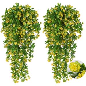 RECUTMS Hanging Plants Fake Vines Fake Hanging Plants Outdoor Greenery Faux Greenery 2Pcs Artificial Hanging Flower for Outdoors Hanging Basket Plastic Home Garden Wedding Party Decorations(Yellow)