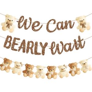 umoni Teddy Bear Banner, We Can Bearly Wait, Brown Glitter, Baby Shower Decorations, Gender Reveal Party Supplies, 19.0x70.0 inches (brown, beige)
