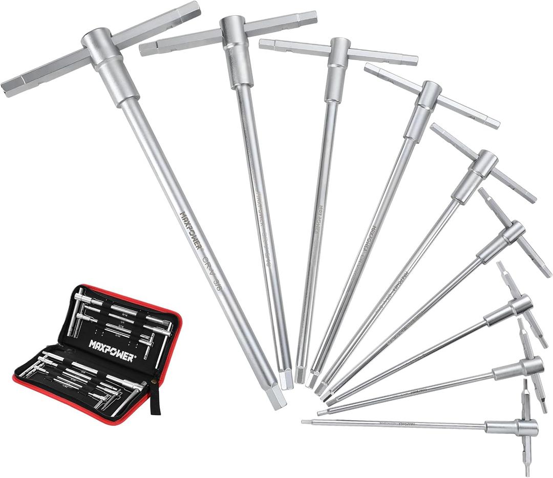 MAXPOWER Sliding T-Handle Allen Wrench Set, 9-Piece SAE Hex Keys, Long Arm Hex End Allen Wrenches for Basic Home Repair and Mechanical Maintenance, Hex Keys with Portable Case