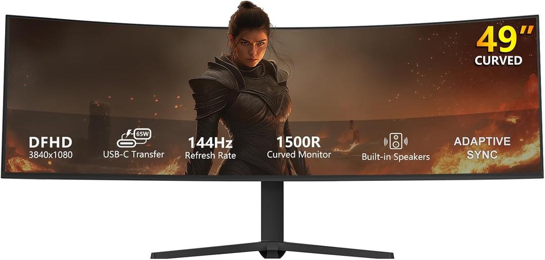 49 Curved Gaming Monitor, USB-C 65W, 144Hz Ultrawide, Built-in Speakers, DP, HDMI, PIP/PBP, 32:9 Dual FHD 3840x 1080P, Tilt/Swivel/Height Stand, R1500 Curve PC Monitor