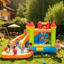 10x10 Inflatable Bounce House with Slide and Ball Pit Kids 3-8 | 10x10ft 7-in-1 backyard play center, wet or dry use, includes blower, stakes, carry bag, basketball, rings, sticky balls, XXXL