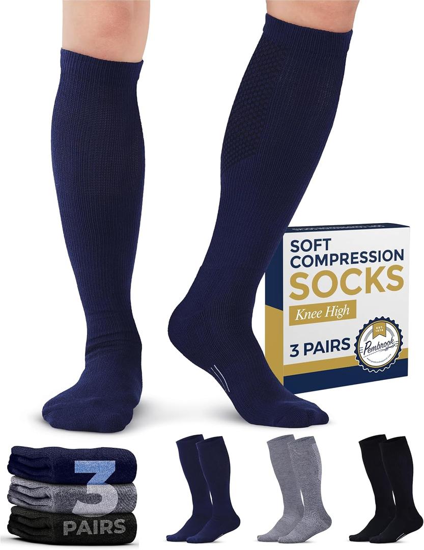 Pembrook Light Compression Socks for Men - 3 Pairs | 8-15 mmhg Compression Dress Socks for Men | Support Socks for Men (X-Large, Navy/Gray/Black - 3 Pairs)