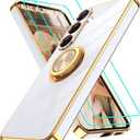 Gritup for Samsung Galaxy S25 Plus Case: with 2Pcs Screen Protector, 360 Rotation Ring Holder Magnetic Kickstand Plating Gold Edge Soft TPU Shockproof Protective Cover for S25 Plus, White