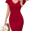 Missufe Women's V Neck Ruffle Short Sleeve Bodycon Summer Casual T Shirt Dress (Red, XS)