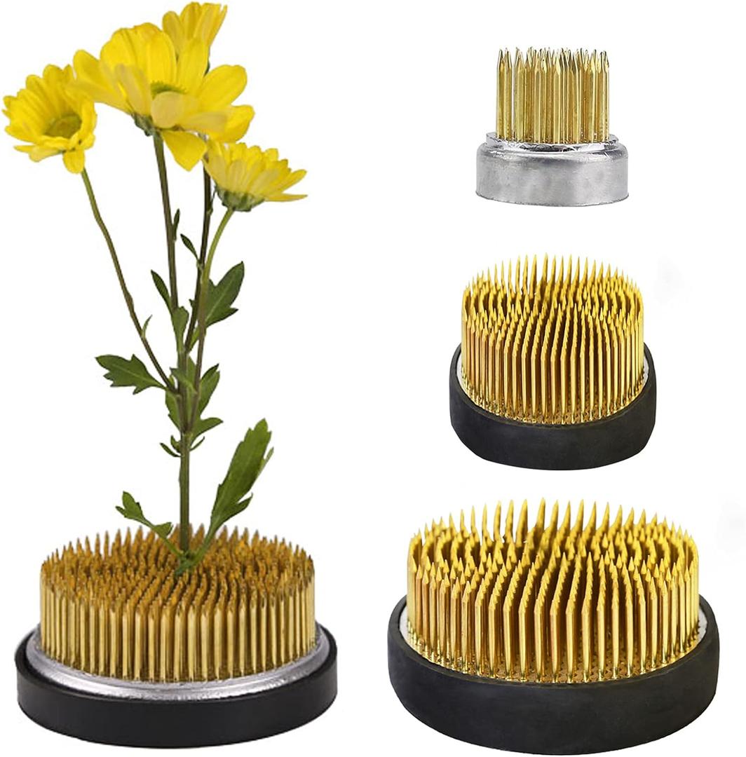 Ikebana Stem Holder, 3 Pieces Flower Frog Kenzan Fixed Tools Flower Holder Floral Arrangement Pin for Flower Arrangement Vase, Fixation and Decoration (Gold, 0.91 Inch, 1.02 Inch, 2.36 Inch)