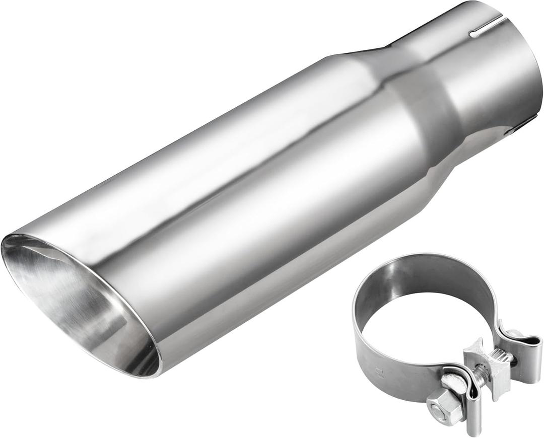 2.5" Stainless Steel Exhaust Tip, 2.5 Inch Inlet to 3 Inch Outlet, 12"/305mm Long Polished, Clamp on Exhaust Tailpipe Tip, Double Wall & Slant Cut Exhaust Finish Tailpipe with Clamp