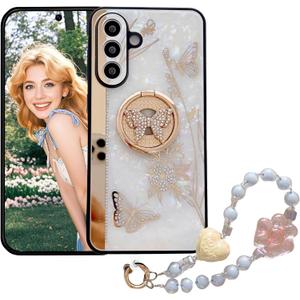 for Samsung Galaxy A16 Glitter Case with Chain Bracelet & Kickstand, Bling Butterfly Flower Shockproof Protective Cover, Sparkle Crystal Pearl Design for Samsung A16 DLH-White