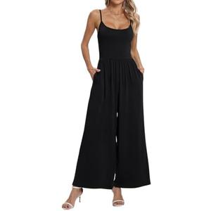 Nfsion Womens Summer Casual Jumpsuits Square Neck Sleeveless Spaghetti Strap Wide Leg Long Pant Rompers Overalls With Pockets Size Medium