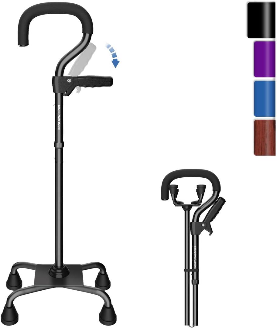 KingPavonini Canes for Women/Men with Second Handle, Foldable & Adjustable Walking Cane with 4-Pronged Base, Quad Cane for Stability, Standing, Balance, Leg Surgery Recovery