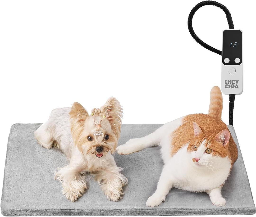 EHEYCIGA Heated Cat Bed Indoor, 6 Adjustable Temperature Dog Cat Heating Pad with Timer, Chew Resistant Cord, Waterproof for Winter, 28"x16", Grey (28'' X 16''X 0.5'')