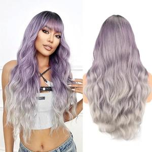 Vomella Ombre Purple Gray Wig with Bangs 26 Inch Long Curly Wavy Wig for Women Natural Looking Synthetic Heat Resistant Wig for Daily Party Use Halloween Wig : Beauty & Personal Care
