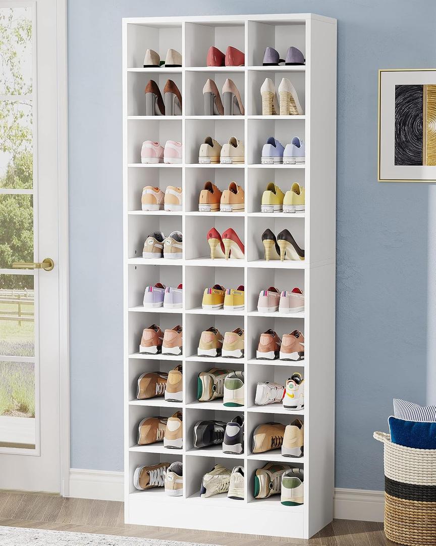 Tribesigns 10-Tier Shoe Storage Cabinet, White Wooden Shoe Rack with 30 Cubbies, Freestanding Tall Entryway Shoe Organizer for Closet, Entryway, Living Room, Large