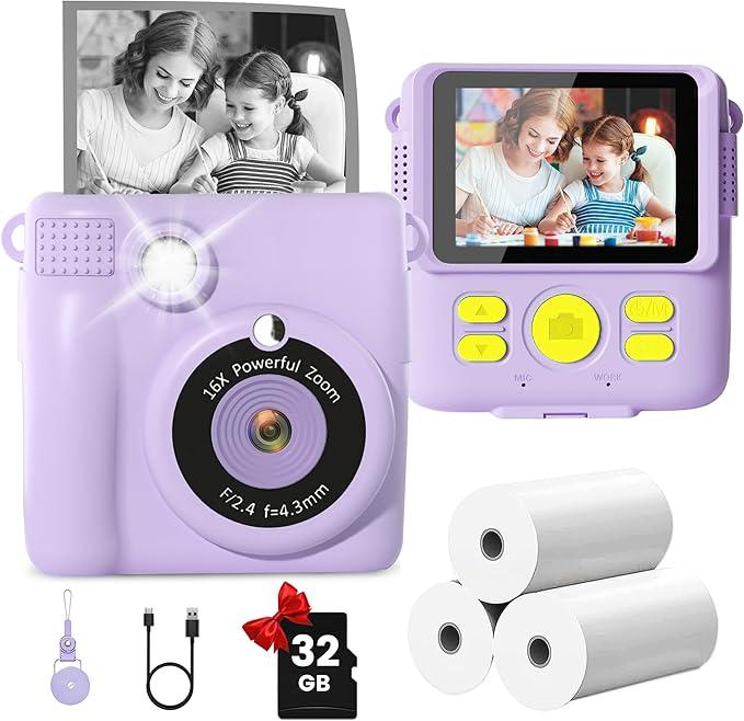 GKTZ Kids Camera Instant Print - 2.4" Eye-Care Digital Video Camera for Toddlers & Kids Ages 3-12, with 3 Rolls Paper & 32GB SD Card, 1080P, 18 Frames, Birthday Christmas Valentines Gifts for Girls