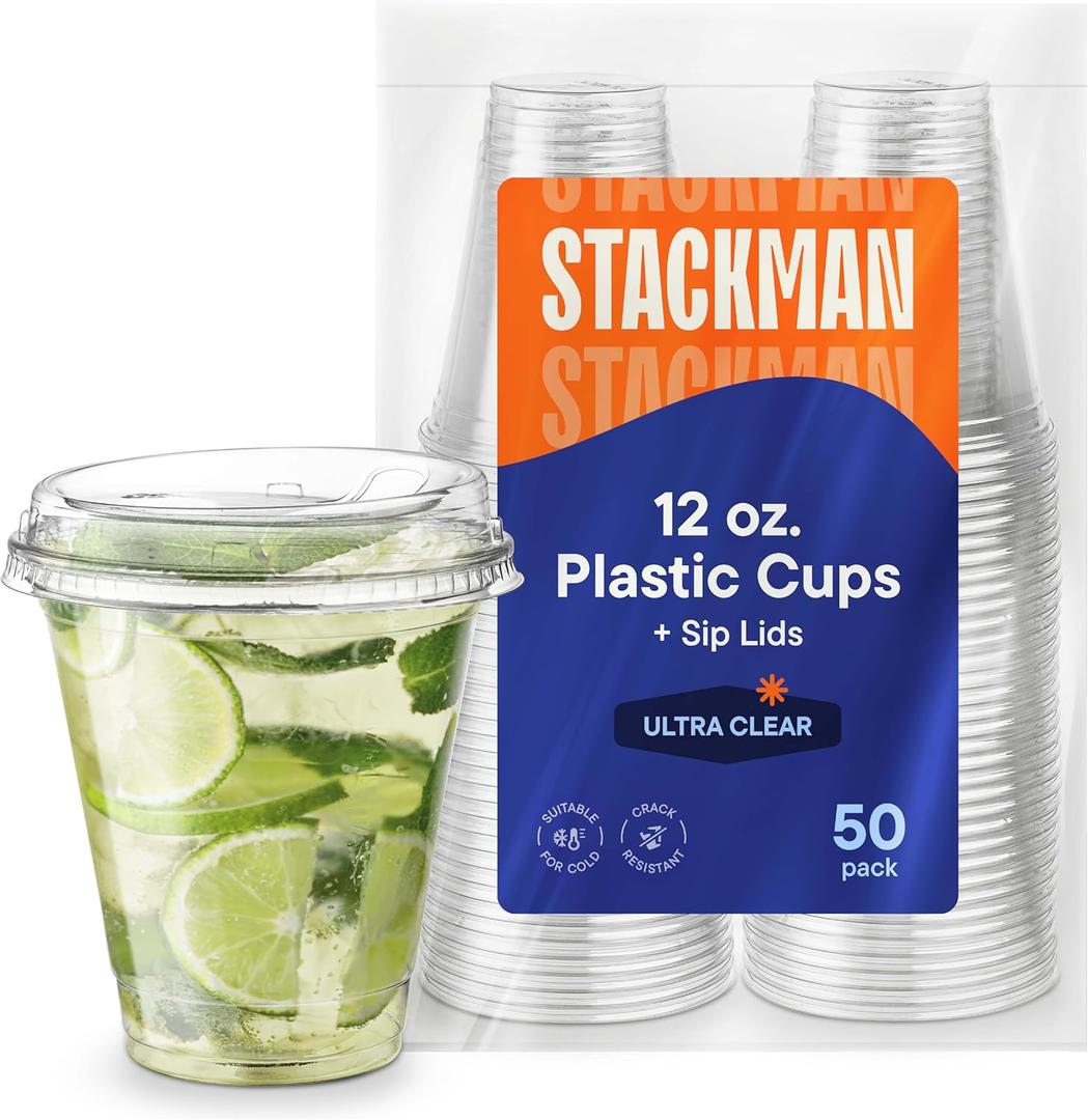 12 oz. Clear Cups with Strawless SipLids, PET Crystal Clear Disposable 12 oz Plastic Cups with Lids [50 Sets]