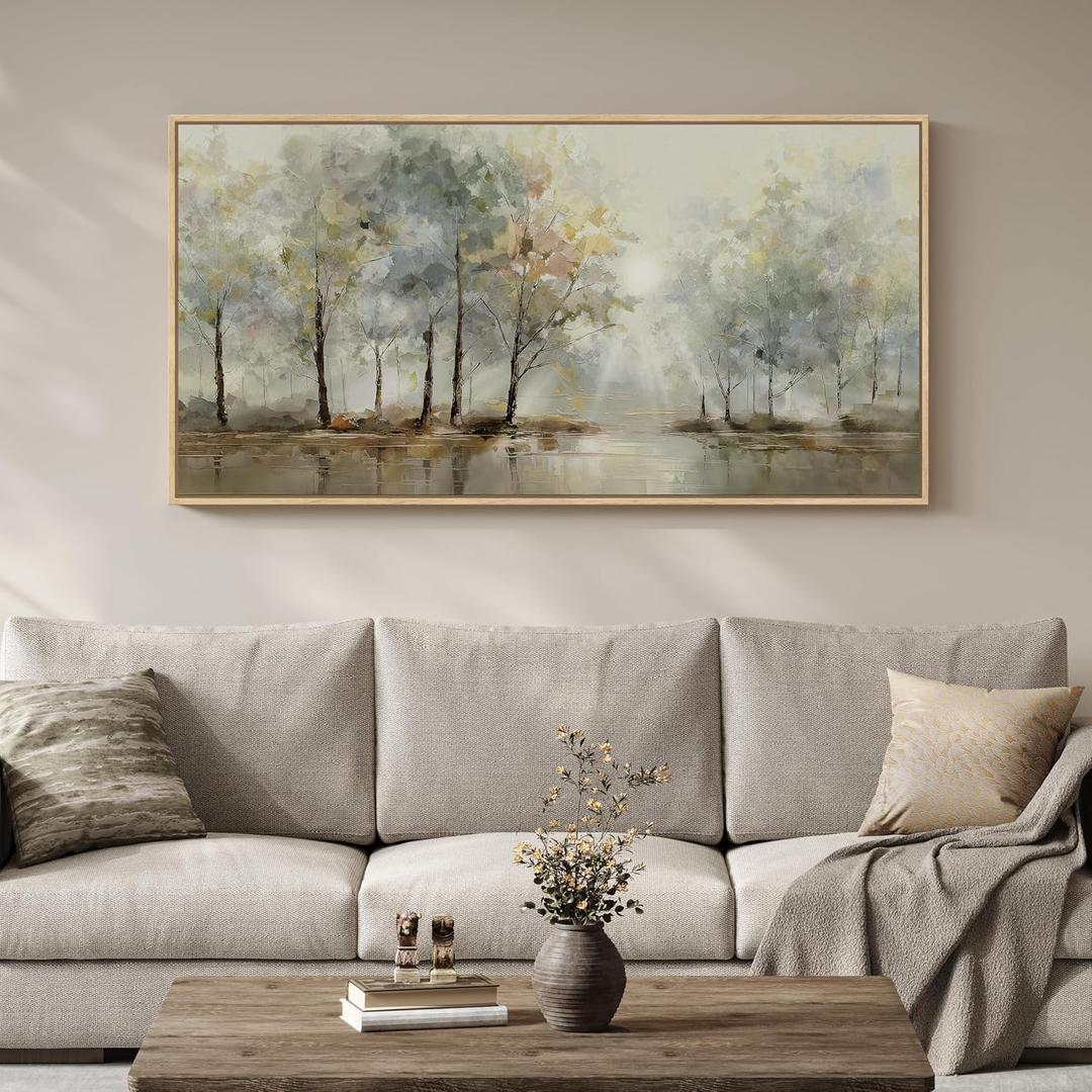 Large Framed Modern Nature Landscape Wall Art for Living Room, Long Horizontal Neutral Tree Pictures Artwork for Walls, Abstract Rustic Farmhouse Prints Paintings for Bedroom Dining Room 60x30 Inch, 28.5"L x 57"W