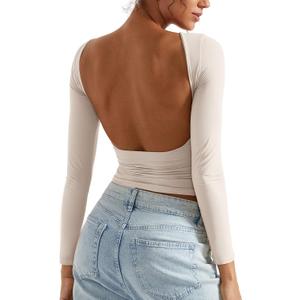 SUUKSESS Women Backless Going Out Tops Double Lined Open Back Basic Long Sleeve (Medium, Soft Sand)