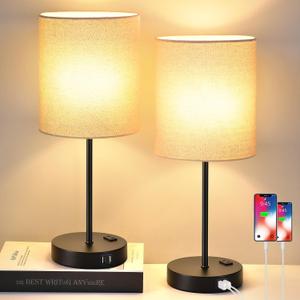 Lynnoland Set of 2 Touch Beige Table Lamps with 2 USB Ports & AC Outlet, 3-Way Dimmable Bedside Nightstand Lamps for Living Room Nursery Office Bedroom, 800 Lumens 2700K Warm Bulbs Included