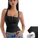SUUKSESS Women Sexy Ribbed Square Neck Tank Tops with Built in Bra Summer Cotton Sleeveless Crop Going Out Cami (Small, Black)