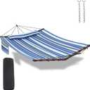 TegerDeger 12FT 2 Person Hammock Large Hammock 450LB Capacity with V Shaped Hardwood Spreader Bar & Nylon Rope for Outside, Patio, Garden, Backyard, Beach, Poolside - Blue Stripes