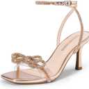 DREAM PAIRS Women's Double Bowknots Heels Open Square Toe Ankle Strap Crystal Rhinestone Dress Sandals for Party Wedding (9, Champagne-pu)