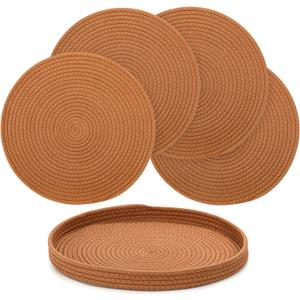 15-Inch Round Woven Placemats Set of 5 with Matching Storage Basket - Heat Resistant, Non-Slip Natural Cotton Table Mats for Indoor & Outdoor Dining, Perfect Boho & Modern Farmhouse Party Decor