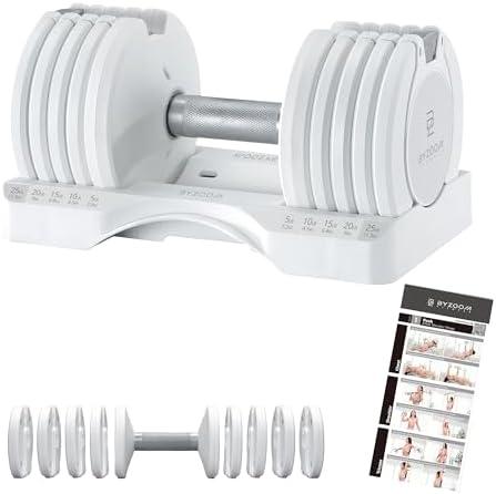 BYZOOM FITNESS Adjustable Dumbbell – 12.5/25lb Single Unit OR Set of 2 – 5-in-1 Adjustable Weight for Home Gym, Strength Training & Fitness Workouts, White OR Black