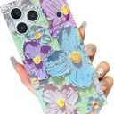 Elegent Girly 3D Flower Compatible with iPhone 15 Pro Max Rectangle Edge Case, Cute Floral Pattern Slim Soft TPU Protective Bumper Cases Cover(Blue Purple,15 Pro Max)