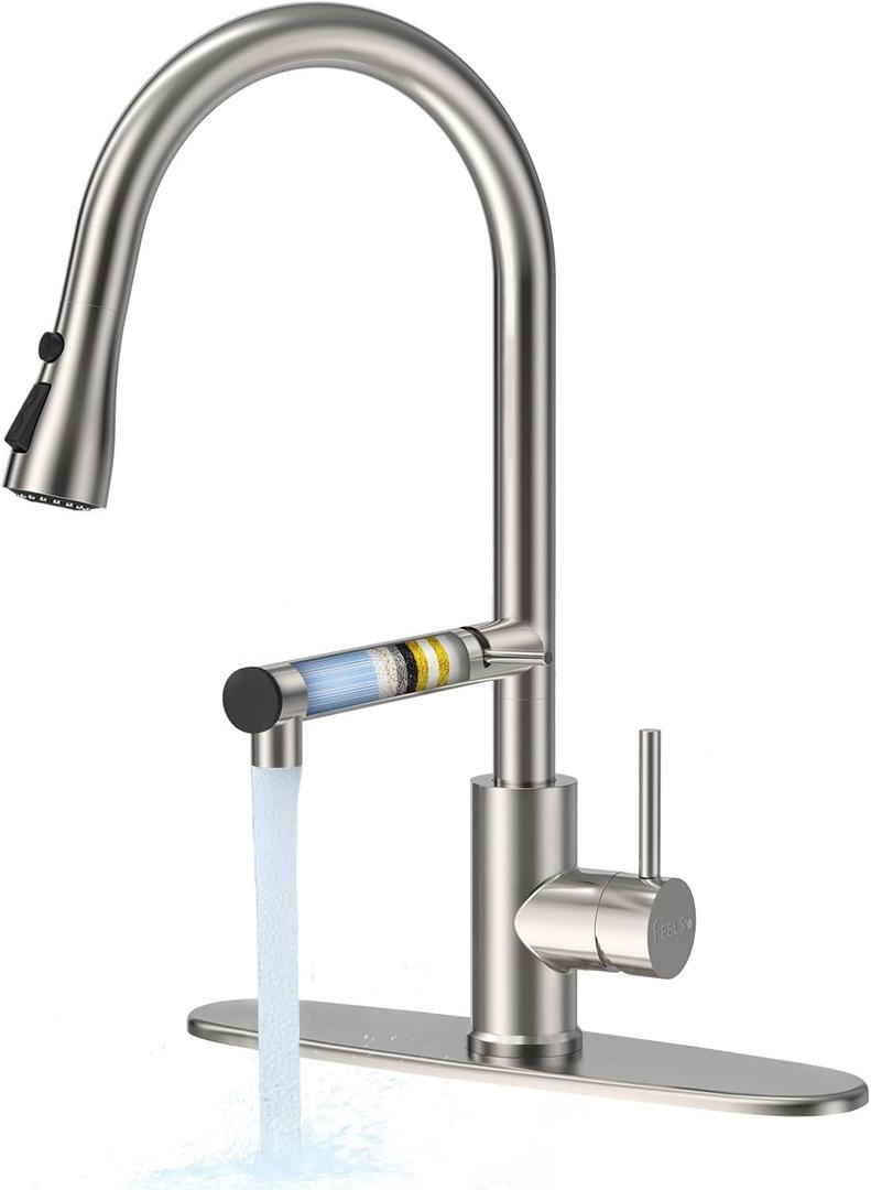 FEELSO Kitchen Faucets, Upgraded Filter Water Kitchen Faucet with Pull Down Sprayer, Brushed Nickel Stainless Steel High Arc 1 Or 3 Hole Kitchen Sink Faucet for Remove Lead, Chlorine, Bad Taste & Odor
