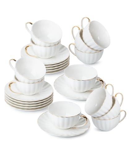 BTaT- Cappuccino Cups with Saucers 7 oz, Set of 12, White Porcelain Coffee Cup and Saucer Set for Latte with Golden Trim Design, Dishwasher Safe, Mocha, Tea, Au Lait, Flat White, Mothers Day Gift