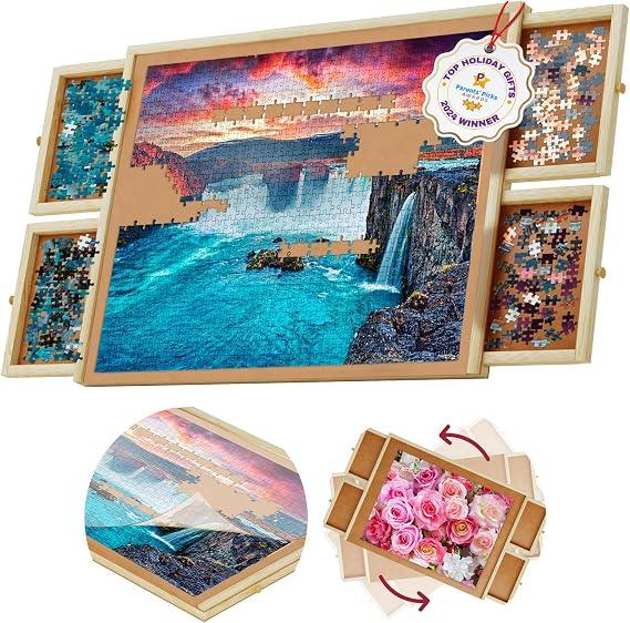 Rotating 1000 Piece Wooden Puzzle Board | 30" x 22" Puzzle Table | 4 Drawers, Protective Cover Included, Portable Jigsaw Puzzle Table for Adults and Kids