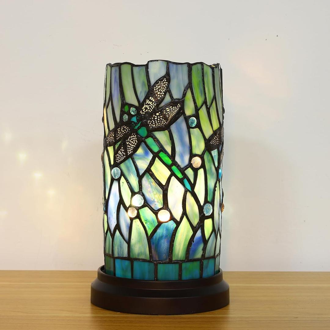 Tiffany Style Table Lamp for Bedroom Baroque Stained Glass Nightstand Bedside Night Lamp Party Light Hand-Made Art Home Deco Christmas Gifts W/ 2 LED Bulbs (3 Color Temperatures+Flame Bulb) (Dragonfly)