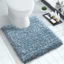 Yimobra Toilet Rugs U Shaped Washable 24"x20", Ultra Soft and Water Absorbent Bath Mats, Non Slip Fluffy Shaggy Luxury Microfiber Contour Bath Rugs for Toilet, Dry Quick, Denim Blue and White