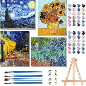 ARTISTKISS 4 Pack Paint by Numbers for Adults with Framed Canvas - with Wooden Easel,Van Gogh Paint by Number on Canvas, DIY Acrylic Oil Painting Kits with Brushes for Home Wall Decor 8x12in (MT0019)