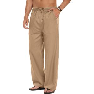 COOFANDY Men's Linen Pant Elastic Waist Linen Pants Drawstring Summer Beach Pant (Medium, B- Dark Khaki)