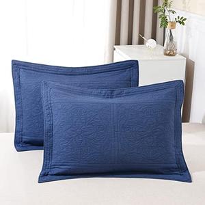 WINLIFE 100% Cotton Quilted Pillow Sham Floral Printed Pillow Cover (Standard, Navy Blue)