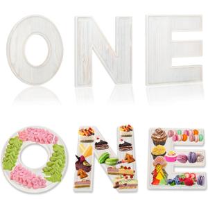 3pcs The Letters ONE Wooden Charcuterie Board, 12 Inch Larger 1st Birthday Food Trays, Fillable The Letters Shaped Serving Platter for Food Snack Dessert, Perfect for Birthday Party (Rustic White)