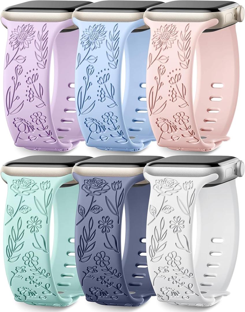 SNBLK 6 Pack Floral Engraved Bands Compatible with Apple Watch Bands 40mm 41mm 42mm 38mm 44mm 45mm 46mm 49mm Women Men, Silicone Flower Pattern Strap for iWatch Series 11 10 Se Ultra 9 8 7 6 5 4 3 2 1