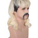 70s 80s Rocker Mullet Wig Set for Men | Dark Roots Short Blonde Wavy Wigs for Mens Halloween Cosplay Party with 6 Earrings and Mustache