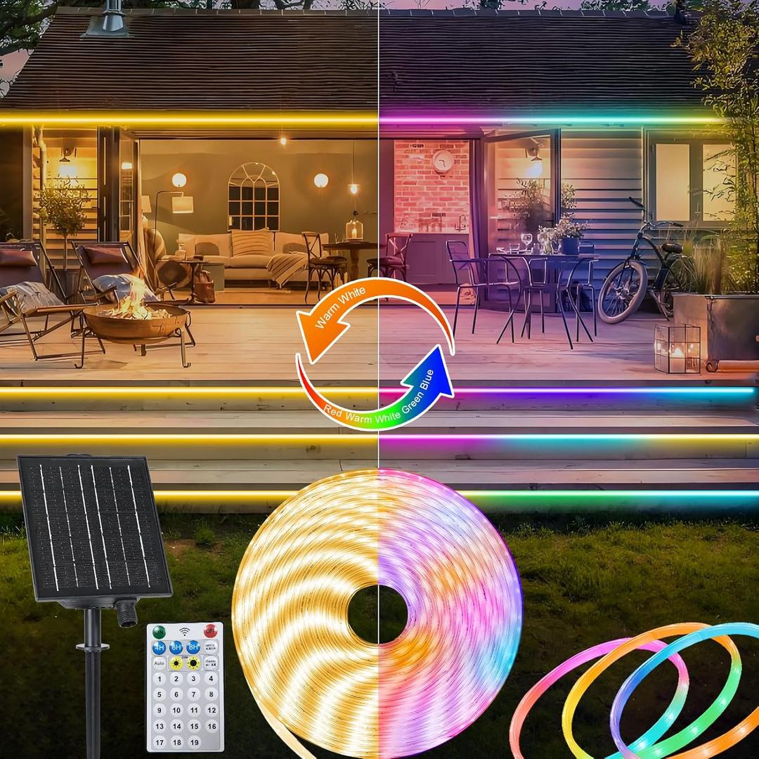 ZAIYW 32.8Ft Dual Color Changing Solar LED Strip Lights Outdoor, IP68 Waterproof Strip Lights with Timer Remote, Self-Adhesive Cuttable Light Strip for Yard Garden Decor (Warm White & Multicolor)