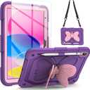 for iPad 10th Generation Case for Kids Girls 2022 10.9 Inch for iPad A16 Case 11th Generation 2025 with Screen Protector Shoulder Strap Butterfly Wings Stand Pencil Holder Rugged Cover-Purple