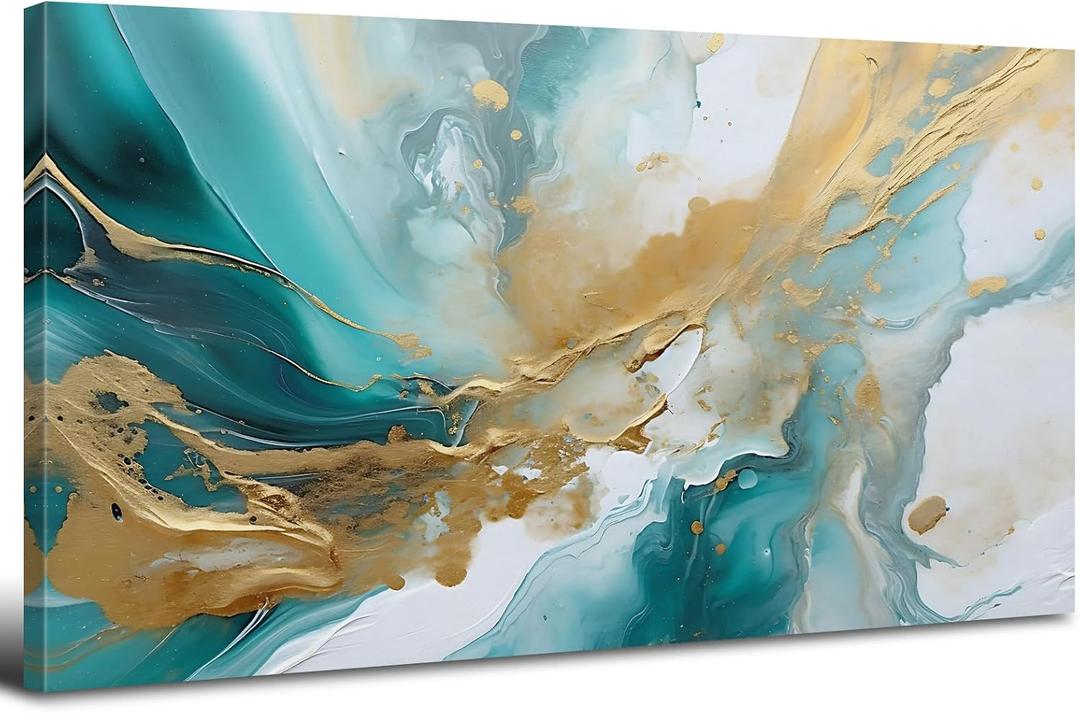 Extra Large Turquoise Wall Art Abstract Teal Wall Decor for Living Room Modern Marble Canvas Picture 30x60”, Watercolor Gold Fluid Texture Ink Painting Prints Poster Artwork Bedroom Decorations