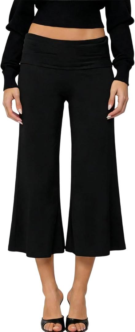 Adoeren Women Fold Over Lounge Capris Wide Leg Cropped Flowy Gaucho Pants Comfy Casual Yoga Coluttes Pajama Bottom (Black, S)